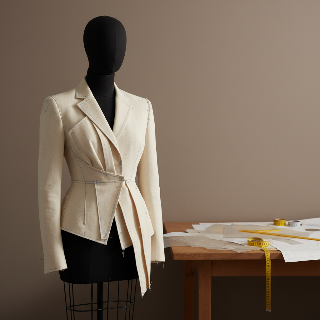 A perfectly tailored, half-constructed couture jacket on a sleek, matte-black dress form, entirely headless and limbless, standing in front of a smooth neutral taupe wall. The garment is composed of structured ivory canvas with visible basting stitches, pattern markings, and precisely placed pins holding sculptural pleats and panels. A pattern-cutting table recedes softly in the background, scattered with tracing paper, French curves, and neatly rolled measuring tape. Soft, directional studio light from the right casts controlled shadows that emphasize form and structure. Captured at eye level with a slightly off-center composition in photographic realism, the mood is quietly focused and sophisticated, celebrating the craftsmanship and process behind fashion textiles without human presence.