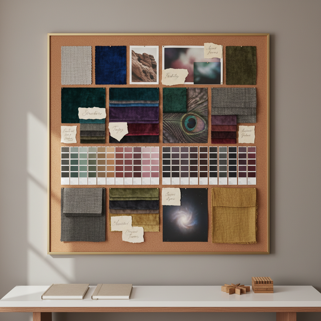 A refined moodboard wall for a fashion textiles collection, composed of neatly pinned fabric swatches, Pantone-style color chips in muted jewel tones, abstract inspiration photos, and small handwritten notes on heavyweight ivory paper. The board sits against a smooth, warm grey wall above a narrow, minimalist console holding closed sketchbooks and neatly stacked pattern blocks. Gentle overcast daylight washes across from the left, giving a soft, even illumination that enhances paper grain and fabric weaves. Captured straight-on in photographic realism, with sharp focus and balanced composition, the overall mood is intellectual, curated, and quietly luxurious, perfectly suited to a sophisticated digital fashion portfolio about concept development and creative thinking.