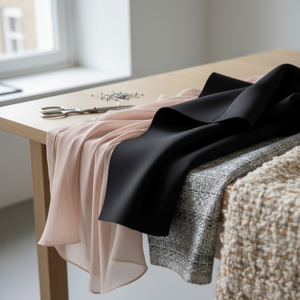 A close-up, hyper-detailed photograph of layered fashion fabrics draped over the edge of a minimalist pale oak table: matte black neoprene with architectural folds, blush-toned silk chiffon cascading in fluid waves, jacquard woven in subtle geometric patterns of silver and charcoal, and a textured boucle in cream and sand tones. Tiny, gleaming metal pins and a single elegant silver embroidery scissors rest nearby. Diffused natural light from an unseen window creates soft highlights on metallic threads and delicate shadows in the folds. Shot with extreme shallow depth of field and a rule-of-thirds composition, the atmosphere is intimate, tactile, and sophisticated, inviting the viewer to appreciate texture, drape, and material innovation in fashion textiles.